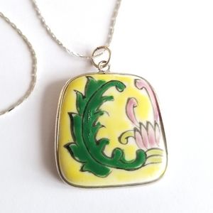 Pottery shard necklace yellow green pink flower silver tone metal
